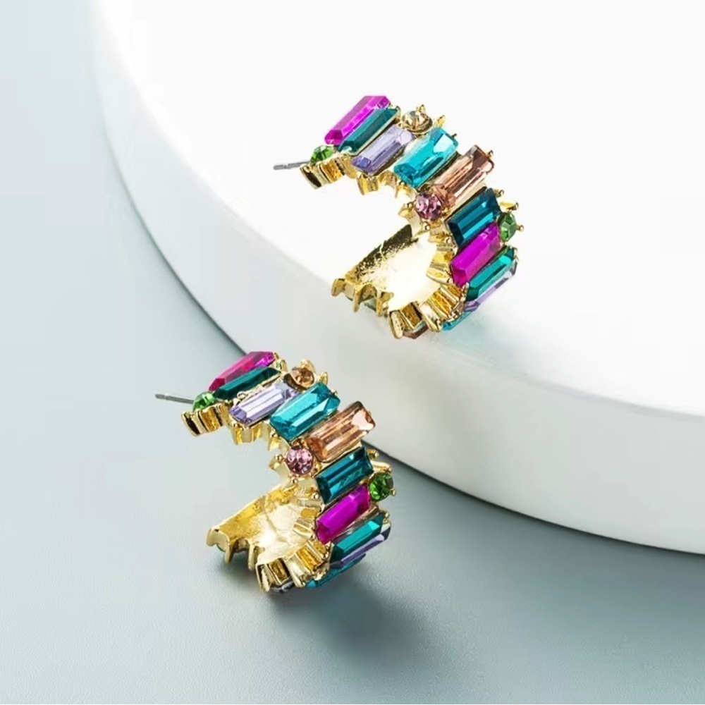 C shaped colorful zircon jeweled earrings